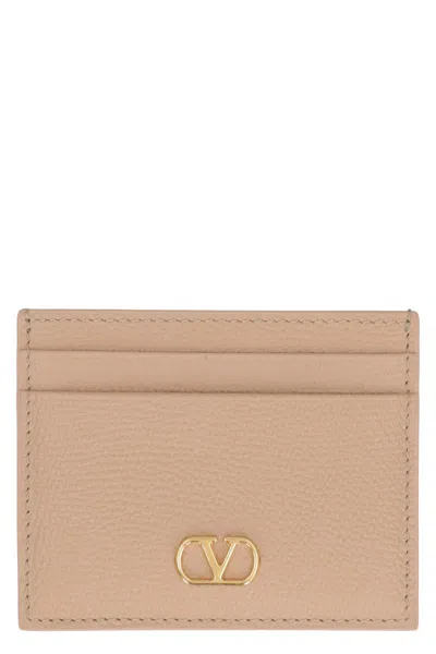 Valentino Garavani Vlogo Signature Leather Card Holder In Neutral