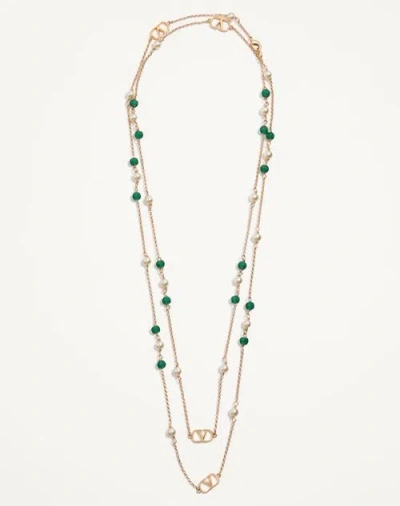 Valentino Garavani Vlogo Signature Long Necklace In Metal, Pearls And Knurled Glass Woman Gold/green In Multi