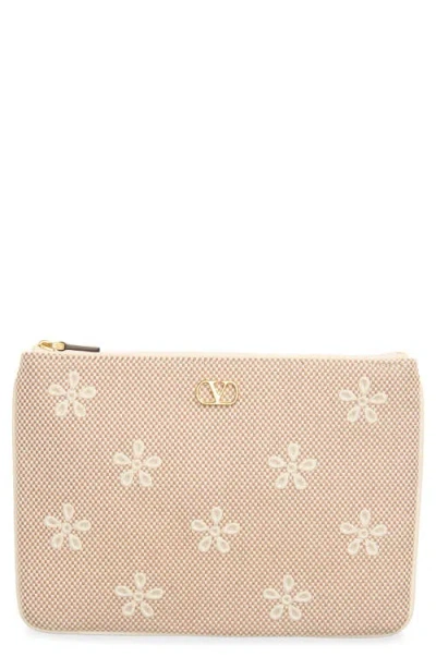 Valentino Garavani Vlogo Signature Medium Floral Embroidered Flat Pouch In Natural