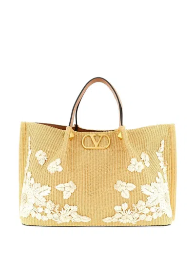 Valentino Garavani Vlogo Signature Medium Rafia Tote In Sand