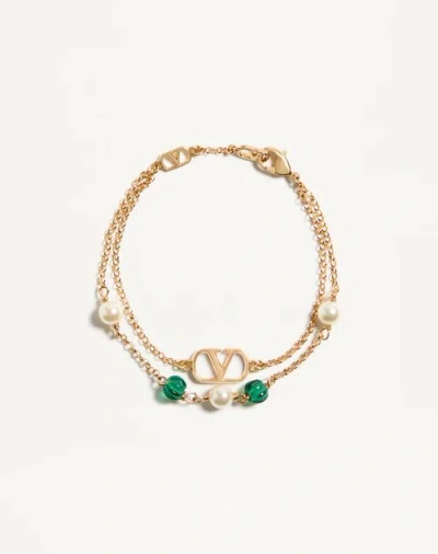 Valentino Garavani Vlogo Signature Metal Pearl And Knurled Glass Bracelet Woman Gold S