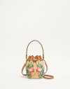Valentino Garavani Vlogo Signature Mini Bucket Bag In Synthetic Raffia With Floral Embroidery Woman  In Natural/multicolour/camel