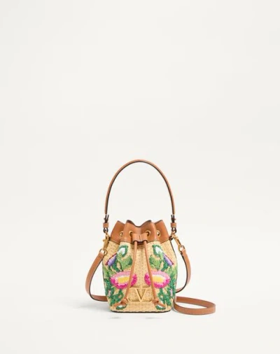 Valentino Garavani Vlogo Signature Mini Bucket Bag In Synthetic Raffia With Floral Embroidery Woman  In Natural/multicolour/camel
