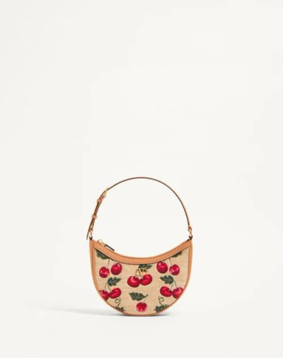 Valentino Garavani Vlogo Signature Mini Hobo Bag In Jacquard Raffia With Cherry Pattern Woman Natura In Natural/red