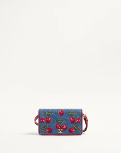 Valentino Garavani Mini Sac Porté Épaule Vlogo Signature En Denim Avec Broderie Cherryfic Femme Deni