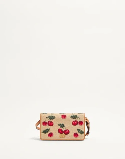 VALENTINO GARAVANI VALENTINO GARAVANI VLOGO SIGNATURE MINI SHOULDER BAG IN JACQUARD RAFFIA WITH CHERRYFIC PATTERN WOMAN