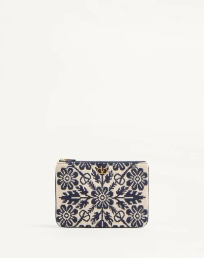 Valentino Garavani Vlogo Signature Pouch In Jacquard Fabric With Floral Pattern Woman Ivory/blue/sap In Ivory/blue/sapphire