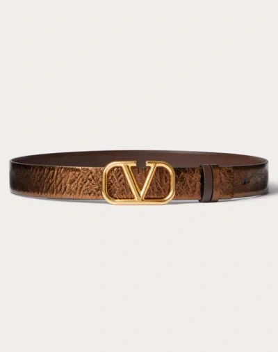 Valentino Garavani Vlogo Signature Reversible Belt In Metallic Calfskin With Craquele Effect And Shi In Bronze