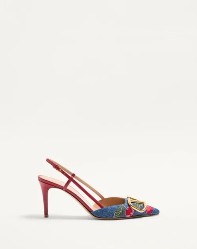 Valentino Garavani Vlogo Signature Slingback Pumps In Denim With Cherryfic Embroidery 80mm Woman Den
