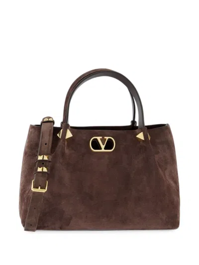 Valentino Garavani Vlogo Signature Small Suede Leather Tote In Brown