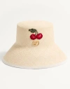 Valentino Garavani Vlogo Signature Straw Bucket Hat With Leather Trim And Cherry Embroidery Woman Na In Natural/multicolour