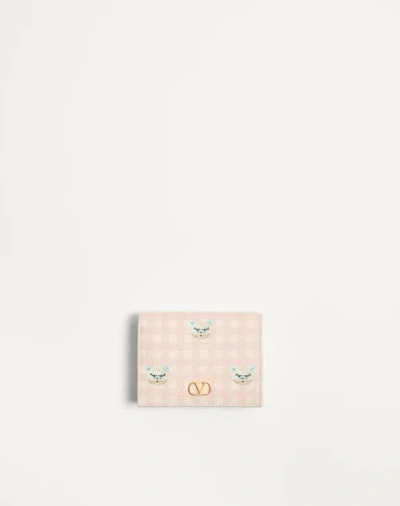 Valentino Garavani Vlogo Signature Wallet In Le Chat De La Maison Grainy Calfskin Woman Pink/ivory U In Multi