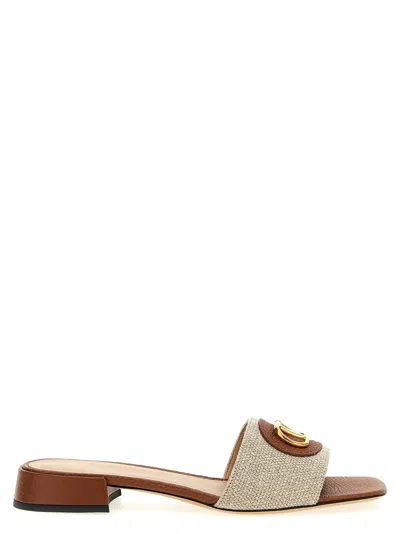 Valentino Garavani Vlogo Embellished Textured-leather And Canvas Slides In Neutrals