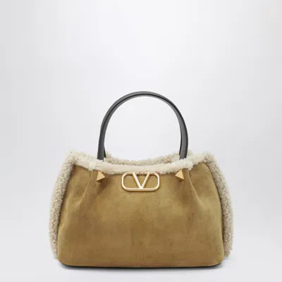 Valentino Garavani Vlogo Small Beige Suede Bag In Sand