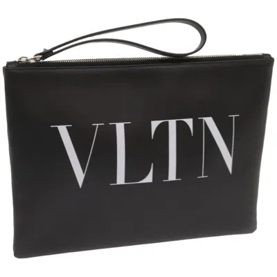 Pre-owned Valentino Garavani Vltn Wristlet Clutch Printed Leather Black Leather Clutche & Pouche Bag (pre-owne