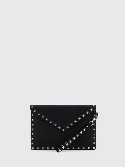 Valentino Garavani Rockstud Grained Calfskin Leather Pouch With Studs And Handle In Black