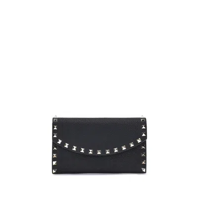 Valentino Garavani Rockstud Leather Wallet On Chain In Black