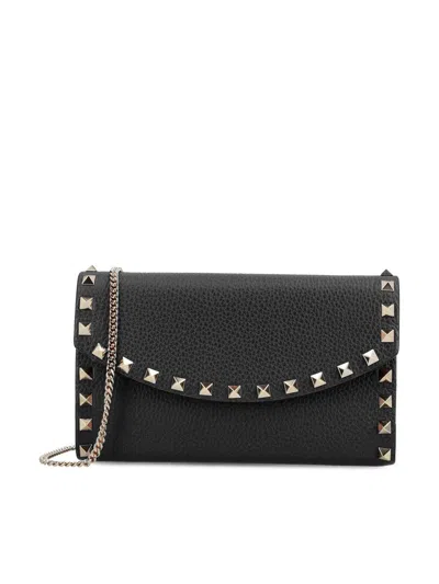 Valentino Garavani Rockstud Leather Wallet On Chain In Black