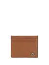 Valentino Garavani Brown Card Holder With Metallic Vlogo On The Front In Black Hammered Leather Man In Brown