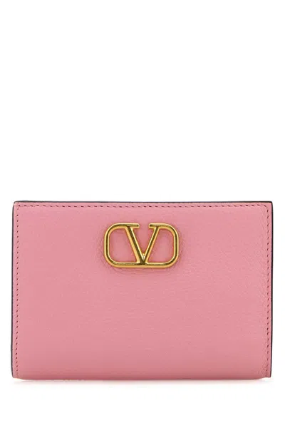 Valentino Garavani Leather Wallet Vlogo Fold-over Textured Finish In Pink