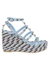 Valentino Garavani Rockstud Calfskin Wedge Sandal With Straps 95mm Woman Baltic Blue 37 In Multi
