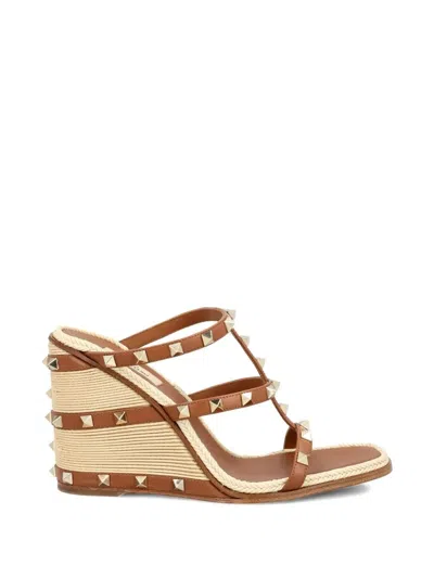 Valentino Garavani Wedge Sandal Rockstud In Calfskin With Cornely Embroidery In Brown