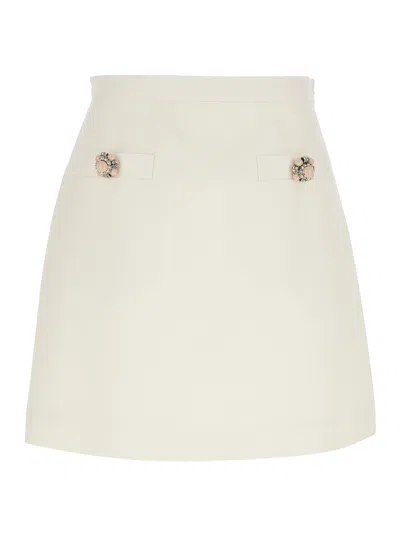 Valentino Garavani White Flared Miniskirt With Front Jewel Buttons In Wool And Silk Woman In Multicolor