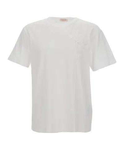 Valentino Garavani White Flower Detail Crew Neck T-shirt In Cotton Man