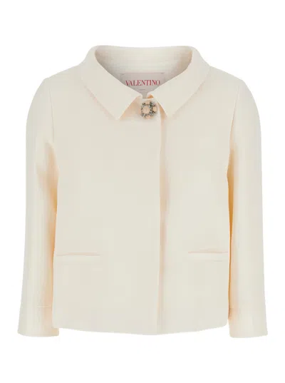 Valentino Garavani White Jacket With Spread Collar And Front Jewel Button In Wool And Silk Woman In Multicolor