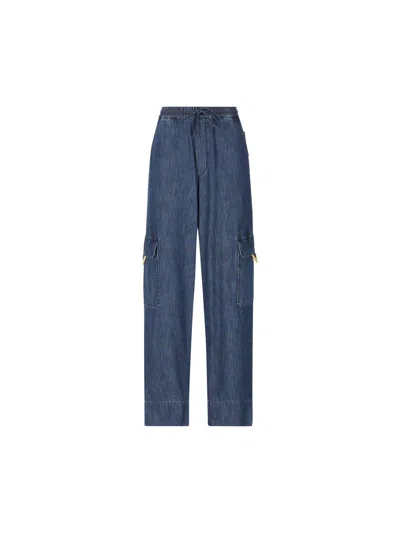 Valentino Cargo Trousers With Gold Detail And Wide Leg In Blue