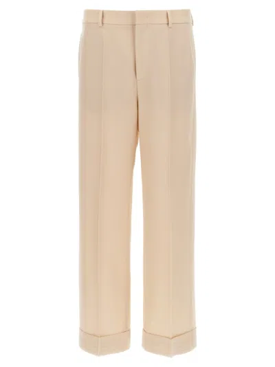 Valentino Garavani Wide Leg Wool Trousers With Turn-up Hem In Neutral