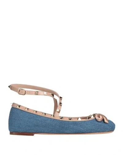 VALENTINO GARAVANI VALENTINO GARAVANI WOMAN BALLET FLATS BLUE SIZE 7.5 LEATHER, TEXTILE FIBERS