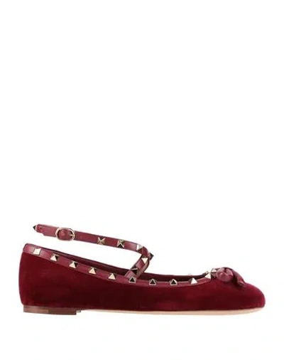 Valentino Garavani Woman Ballet Flats Burgundy Size 8 Textile Fibers, Leather In Red