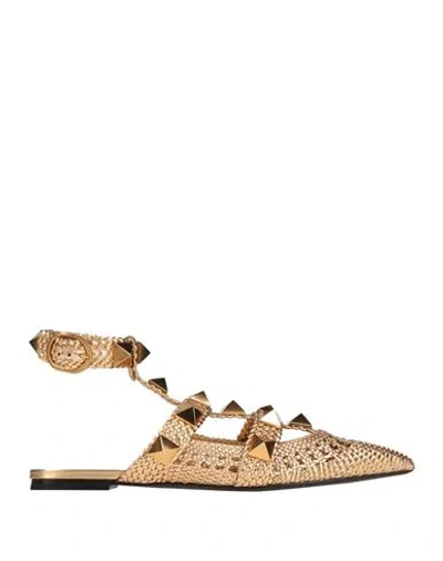 Valentino Garavani Woman Ballet Flats Gold Size 6 Leather In Animal Print