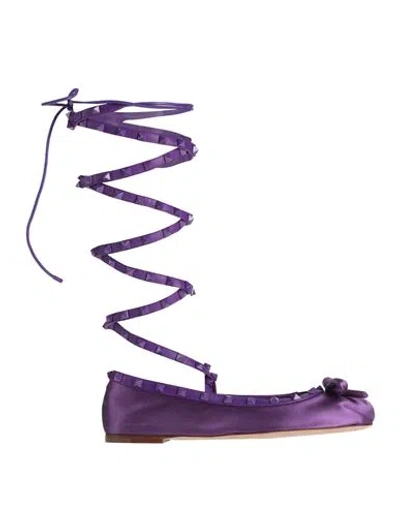 Valentino Garavani Woman Ballet Flats Purple Size 9 Textile Fibers, Leather