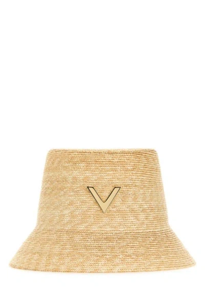 Valentino Garavani Woman Beige Straw Bucket Hat In Brown