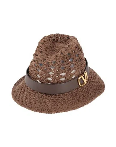 Valentino Garavani Woman Hat Khaki Size S Cotton, Calfskin In Sand