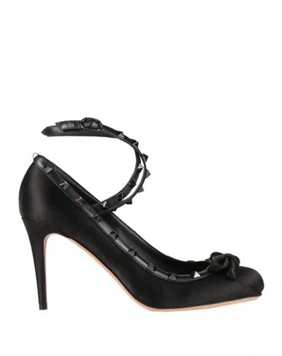 Valentino Garavani Woman Pumps Black Size 8 Leather, Textile Fibers