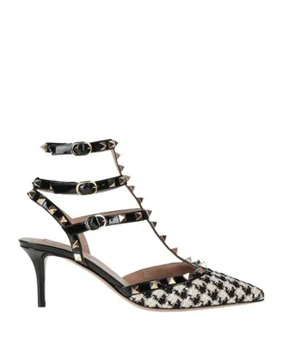 Valentino Garavani Woman Pumps Ivory Size 8 Leather, Textile Fibers In Black