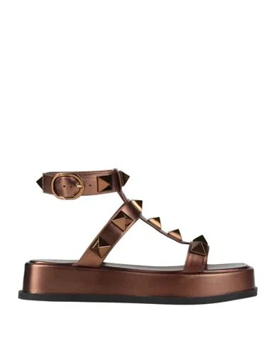 Valentino Garavani Woman Sandals Bronze Size 9.5 Leather In Yellow