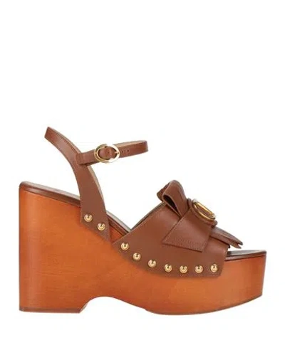 Valentino Garavani Woman Sandals Brown Size 7 Leather In Multi