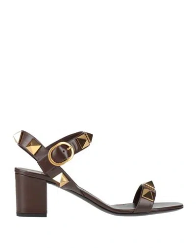 Valentino Garavani Woman Sandals Chocolate Brown Size 11 Leather In Brown
