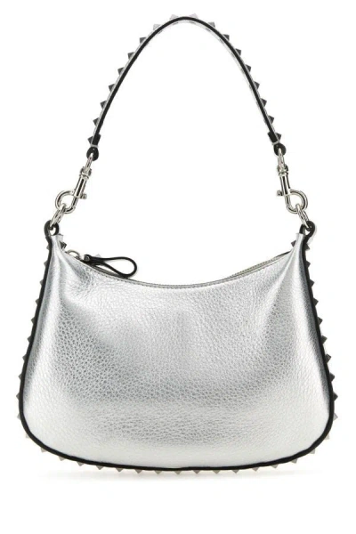 Valentino Garavani Woman Silver Leather Rockstud Handbag In Neutral