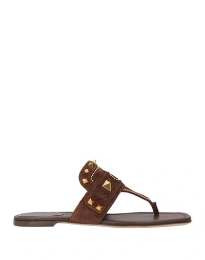 Valentino Garavani Woman Thong Sandal Brown Size 8 Leather In Multi