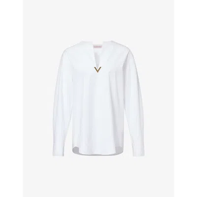 Valentino Garavani Womens Bianco Ottico V-neck Logo-plaque Cotton-poplin Top