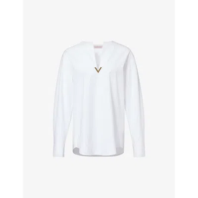 Valentino Garavani Womens Bianco Ottico V-neck Logo-plaque Cotton-poplin Top In Bianco Ottico