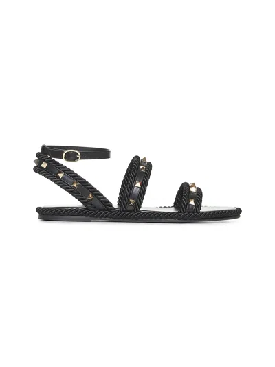 Valentino Garavani Women Black Leather Rockstud Torchon Sandals