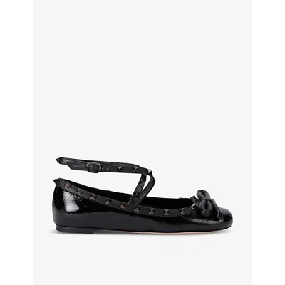 Valentino Garavani Womens Black Rockstud Bow-embellished Crossover-strap Leather Ballet Flats Eur 41 / 8 Uk