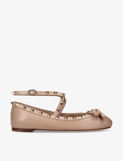 Valentino Garavani Womens Blush Rockstud Bow-embellished Crossover-strap Leather Ballet Flats In Beige