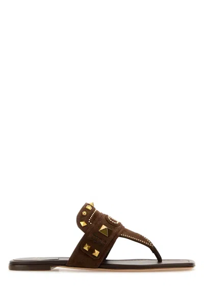 Valentino Garavani Women Brown Suede Plaster Caster Thong Slippers
